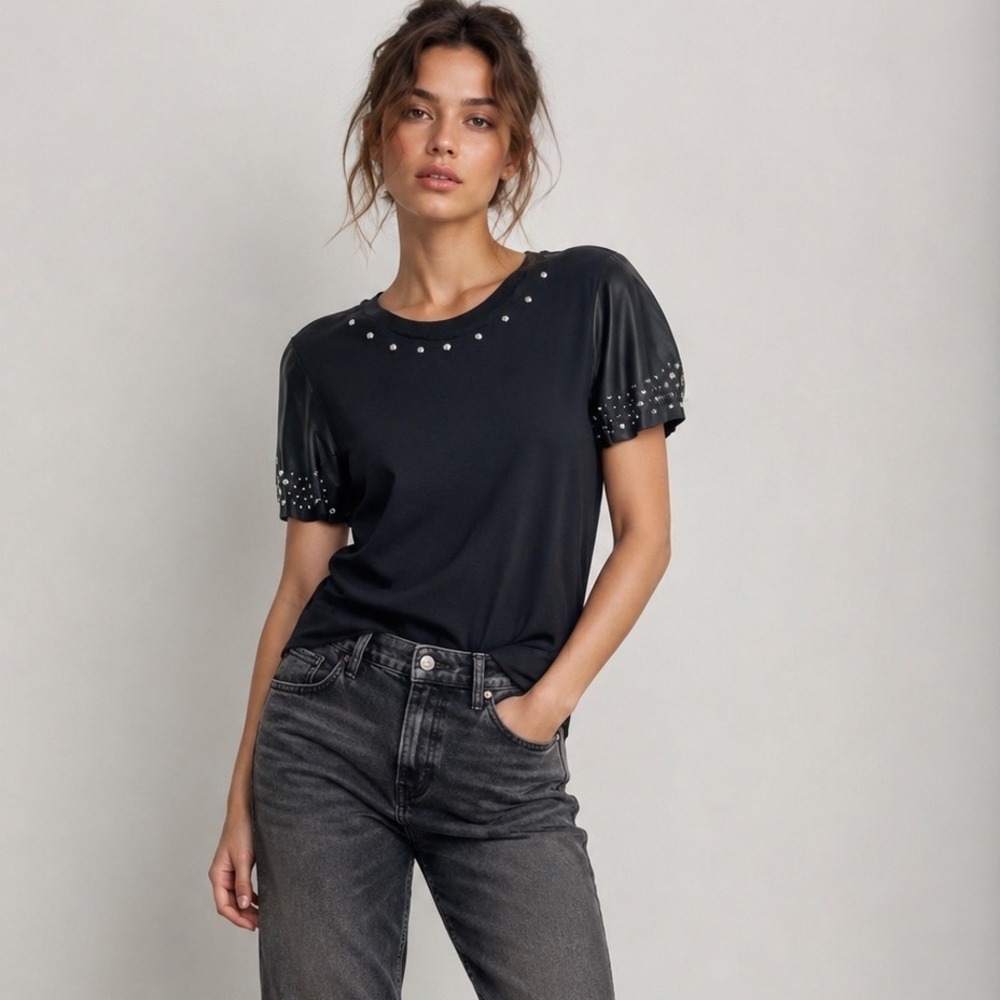 Diesel Black Sheepskin Leather Flutter Sleeves Studded Top Shirt Small